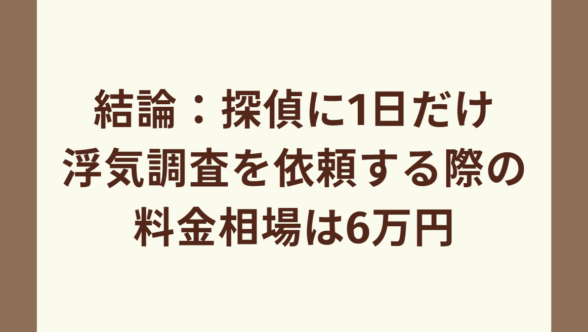 結論：探偵に1日だけ浮気調査を依頼する際の料金相場は6万円